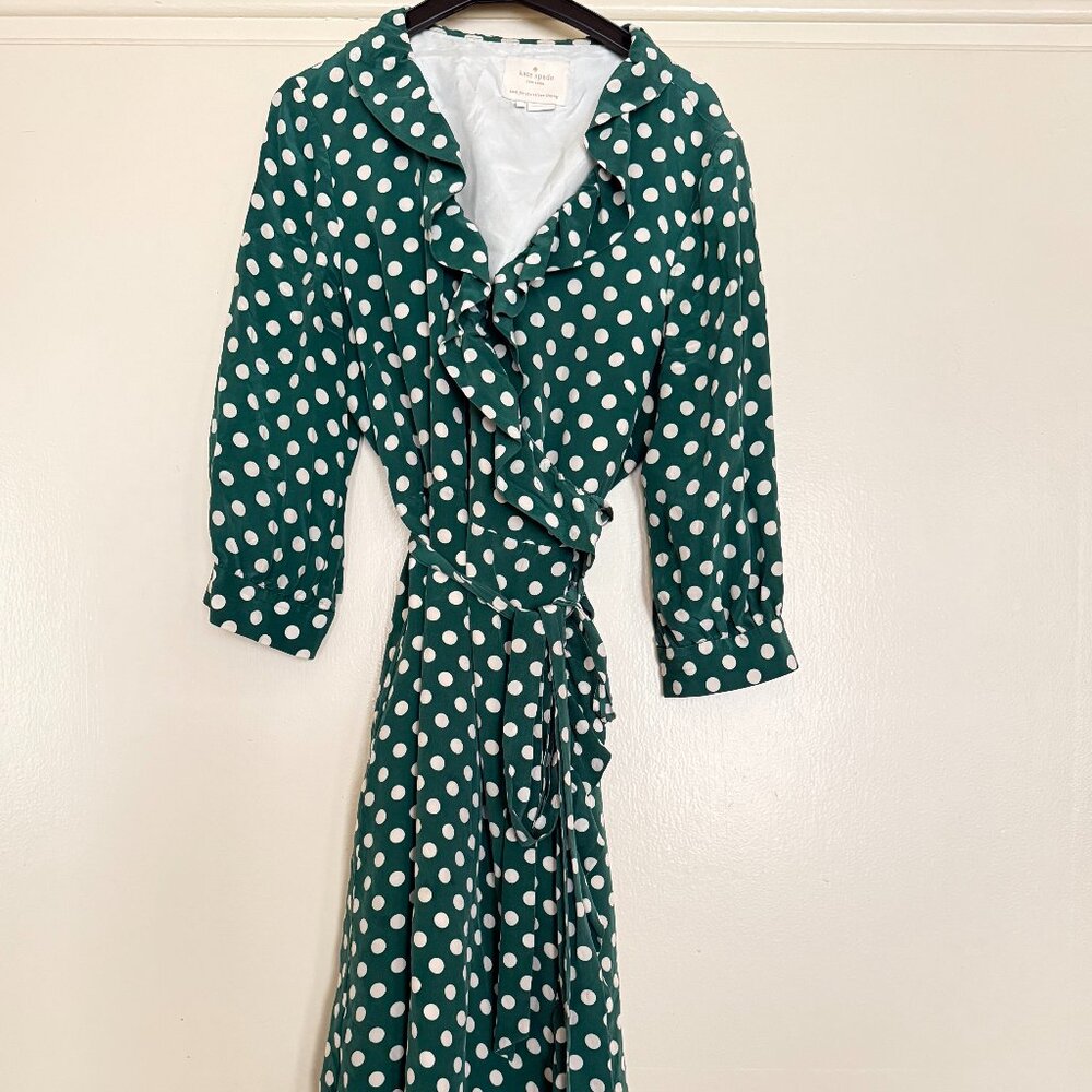 kate spade Emerald Green & White Polka Dot Ruffle Wrap Dress